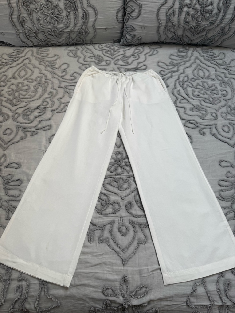 White Straight Leg Linen Blend Pants